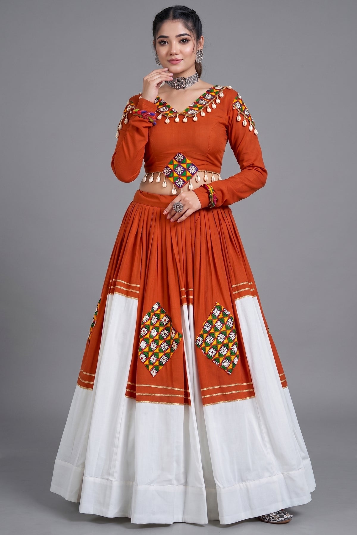 Rust Orange & White Rayon Gamthi Patch Work Lehenga Choli Main image