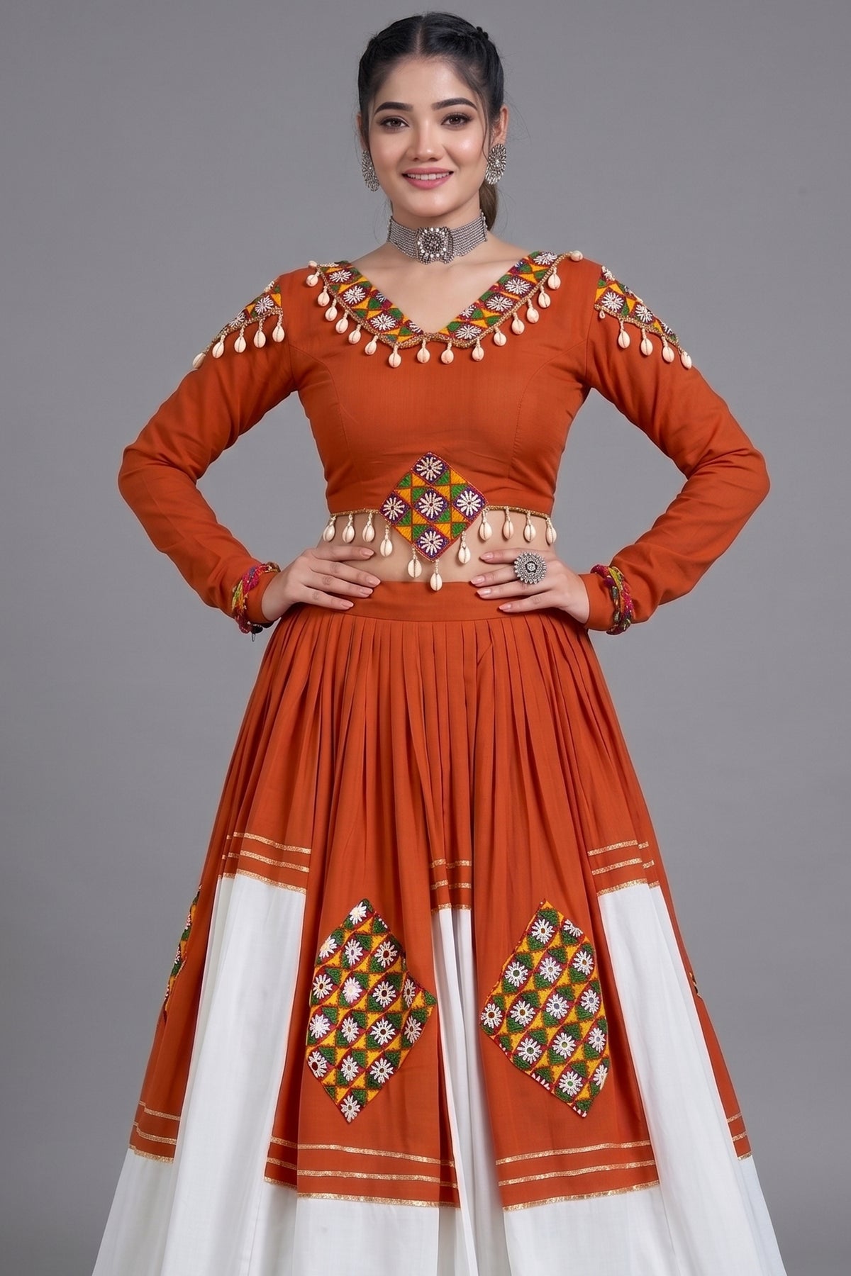 Rust Orange & White Rayon Gamthi Patch Work Lehenga Choli