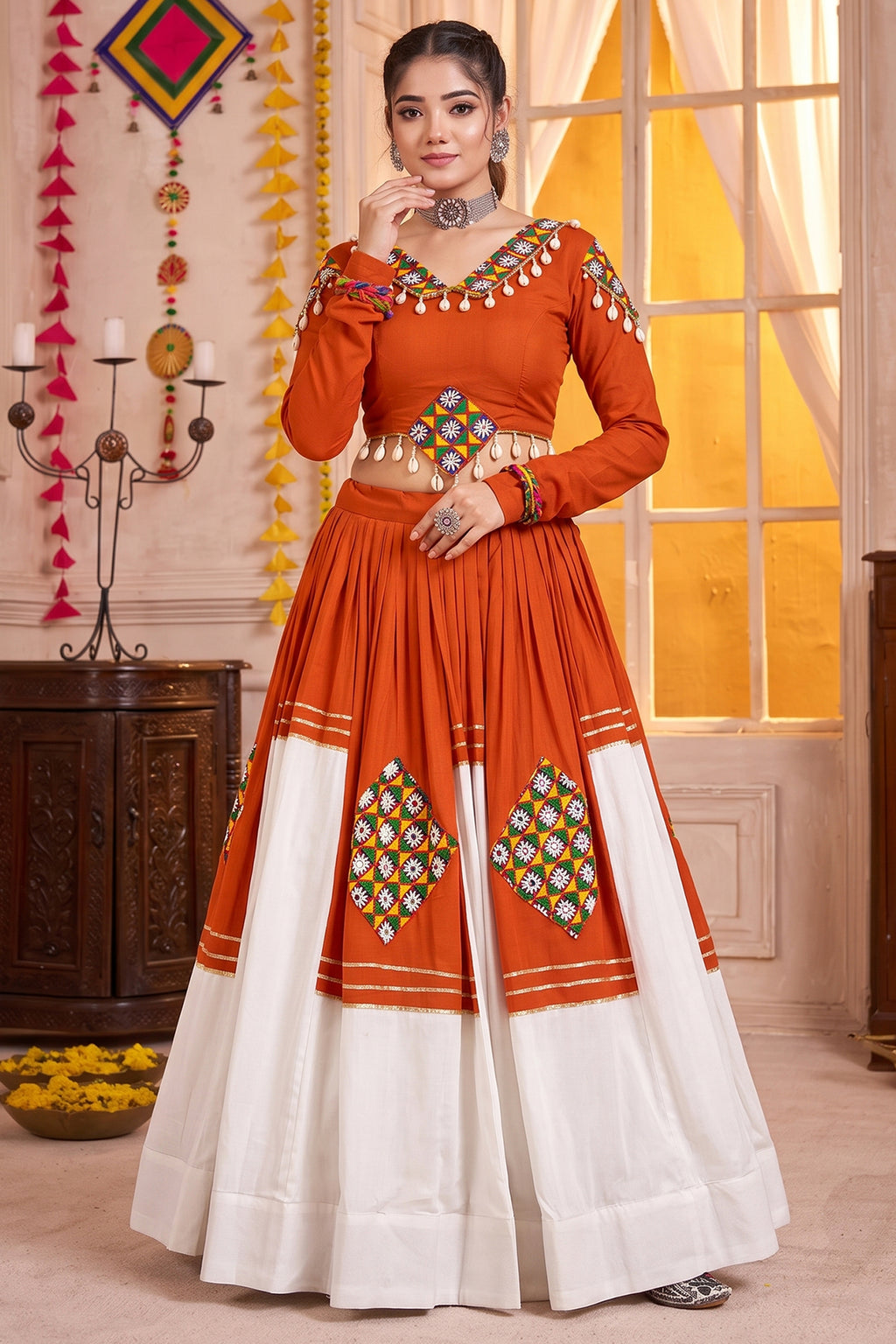 Rust Orange & White Rayon Gamthi Patch Work Lehenga Choli