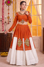 Rust Orange & White Rayon Gamthi Patch Work Lehenga Choli