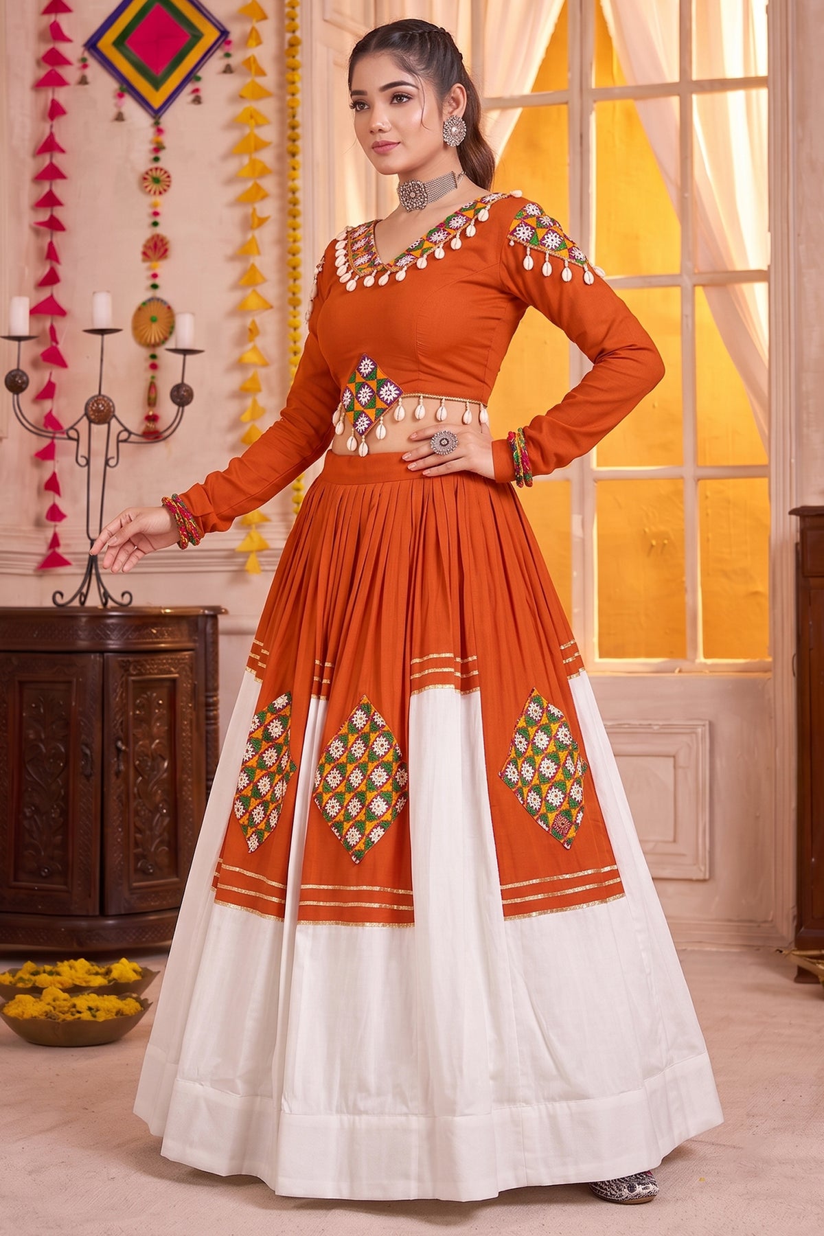Rust Orange & White Rayon Gamthi Patch Work Lehenga Choli