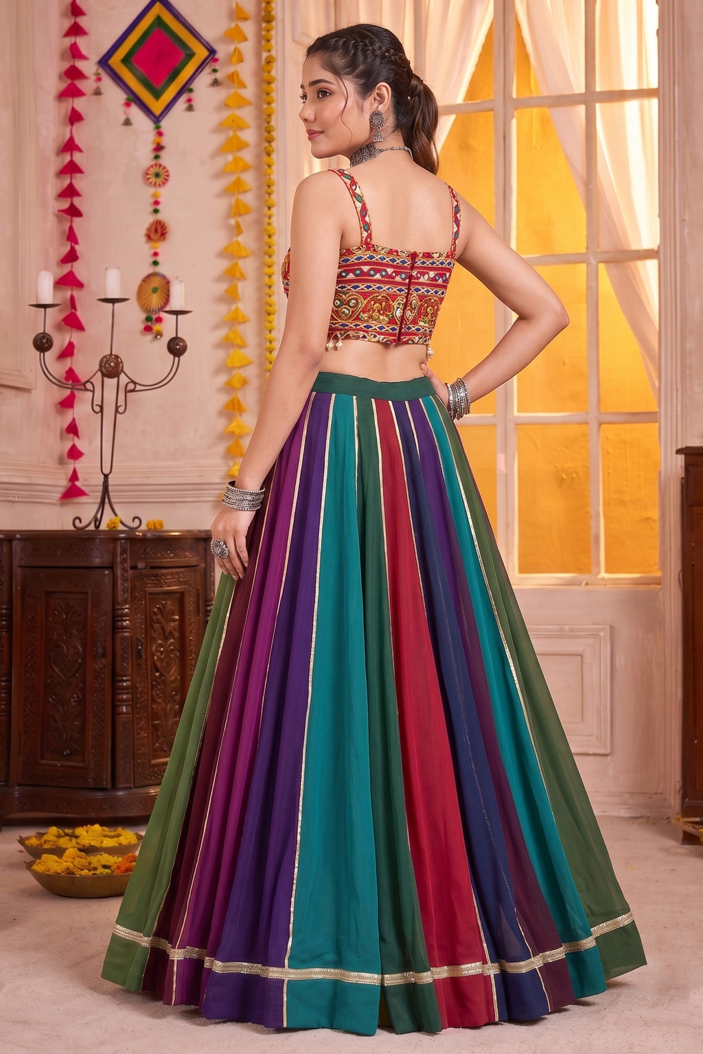 MultiColor Striped Georgette Mirror Work & Gota Patti Lehenga Choli