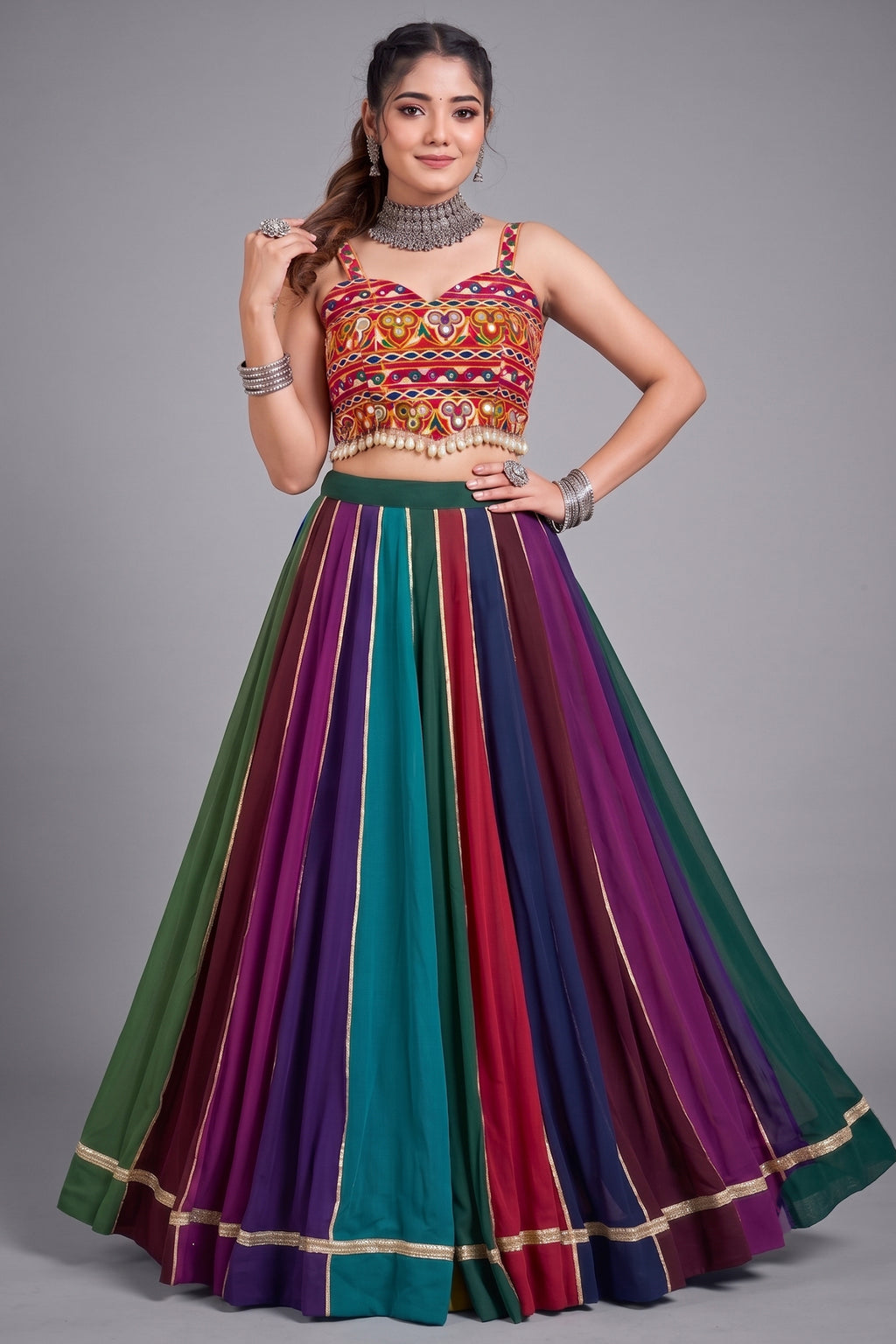 MultiColor Striped Georgette Mirror Work & Gota Patti Lehenga Choli
