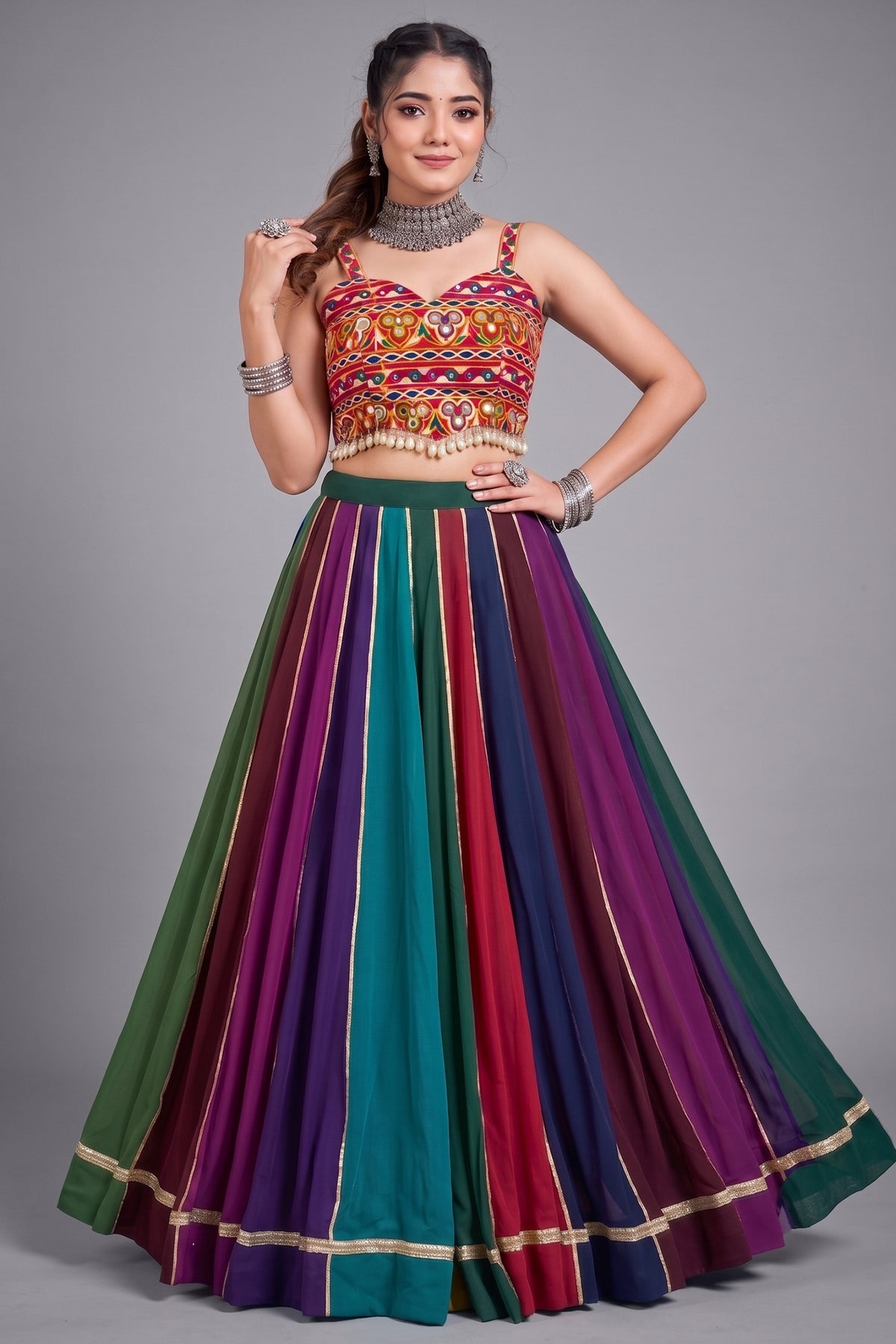 MultiColor Striped Georgette Mirror Work & Gota Patti Lehenga Choli