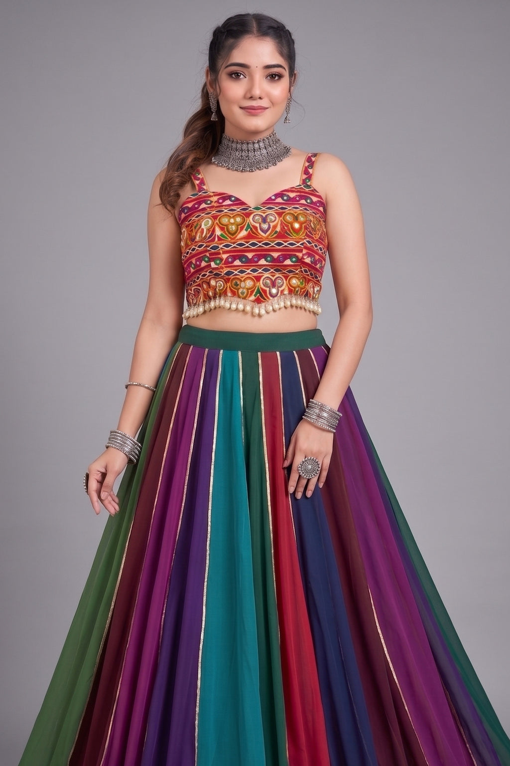 MultiColor Striped Georgette Mirror Work & Gota Patti Lehenga Choli