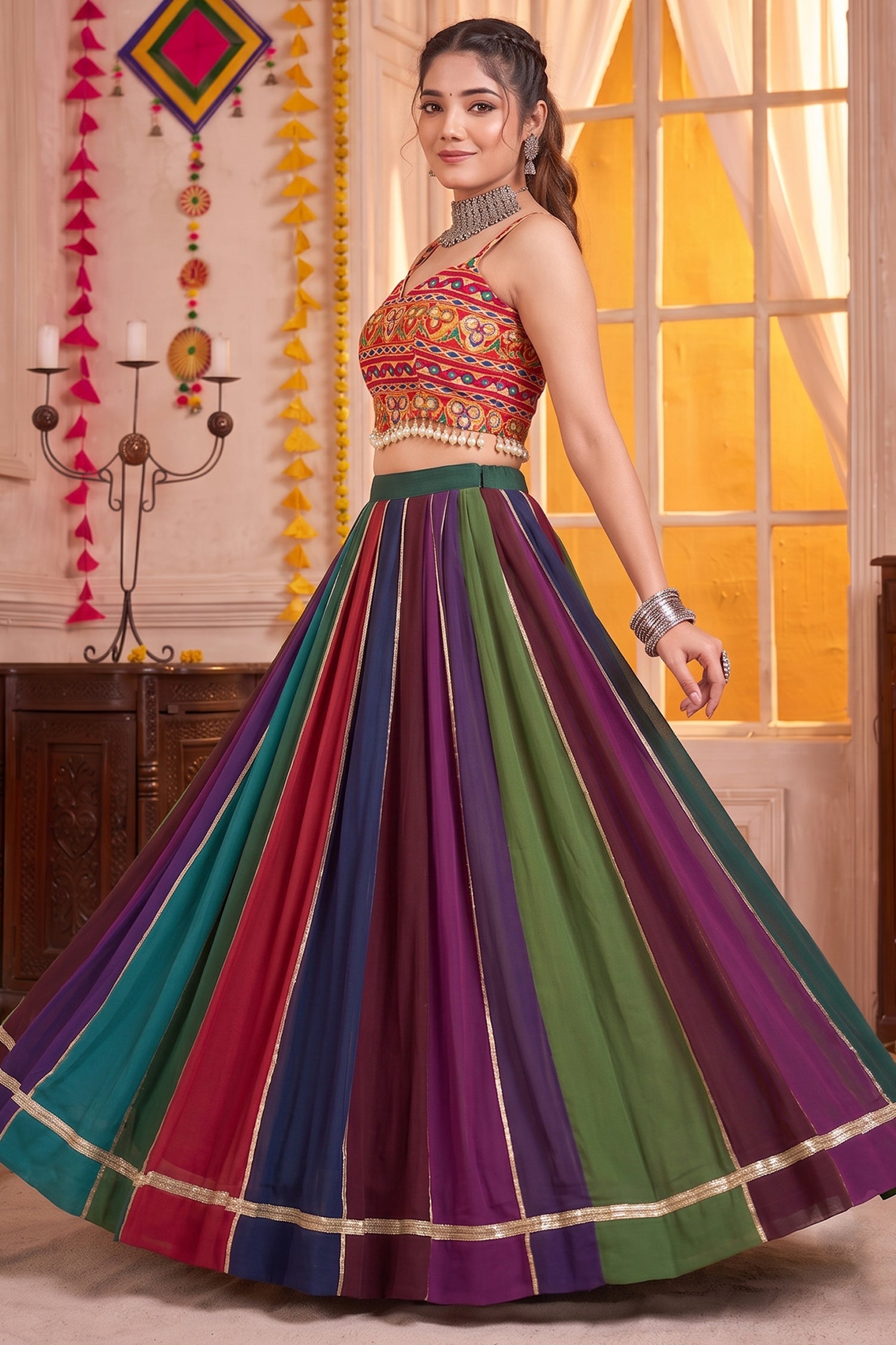 MultiColor Striped Georgette Mirror Work & Gota Patti Lehenga Choli