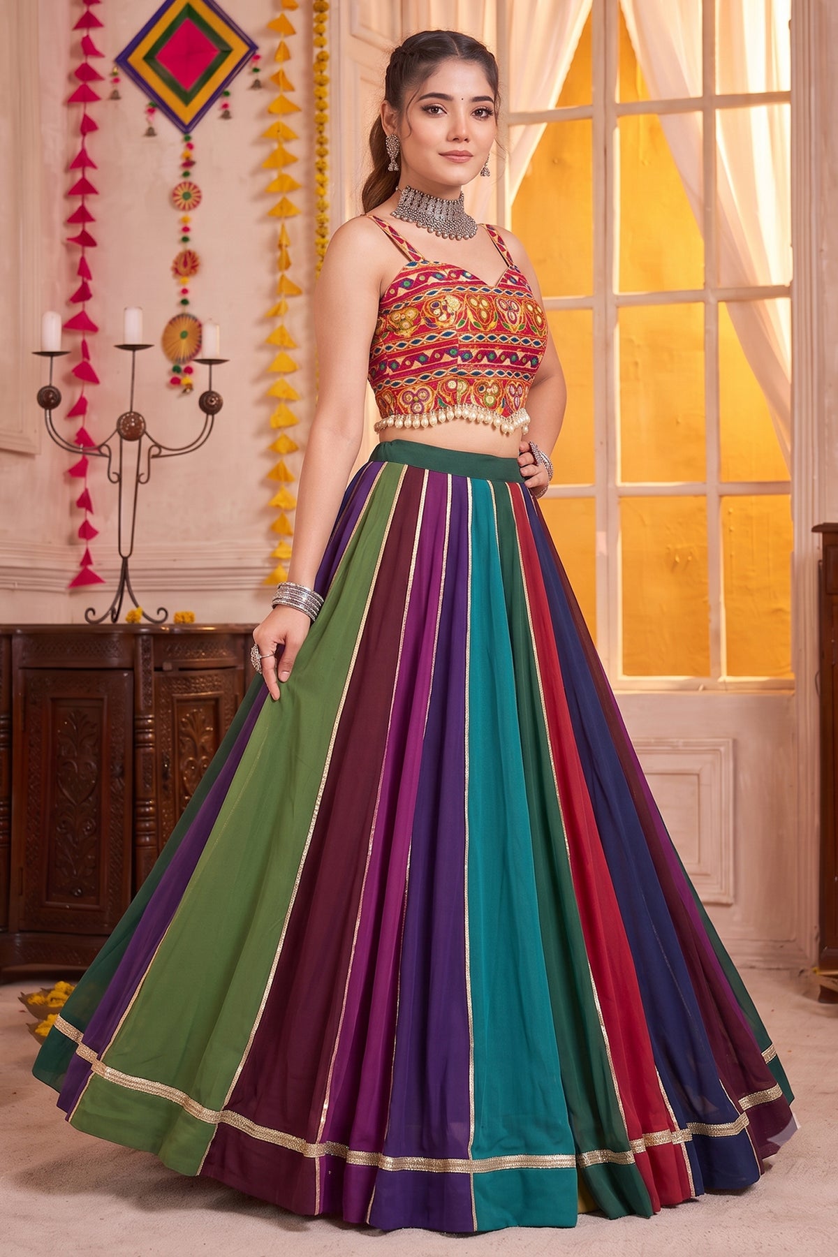 MultiColor Striped Georgette Mirror Work & Gota Patti Lehenga Choli