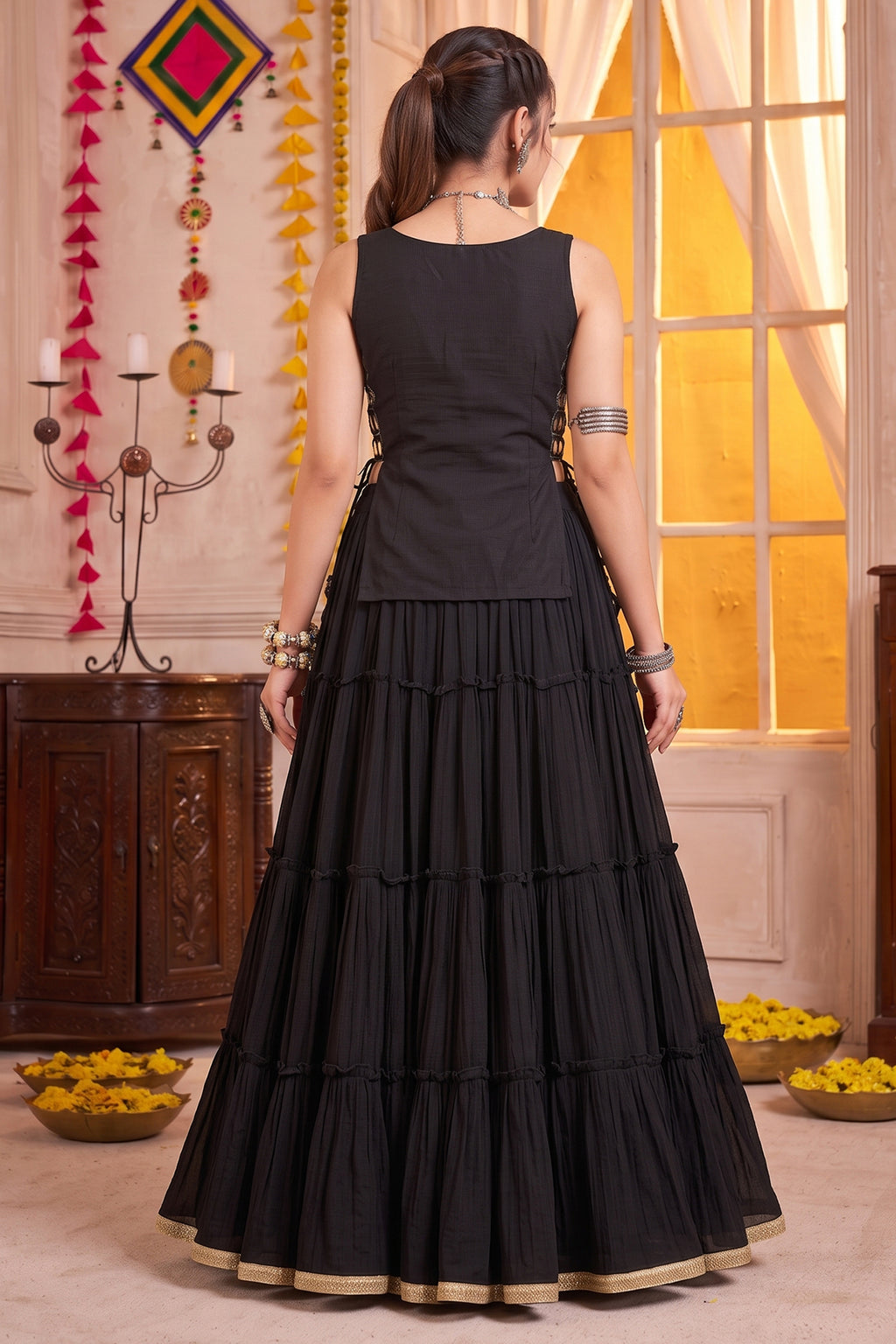 Black Georgette Tiered Mirror Work Koti Lehenga Set