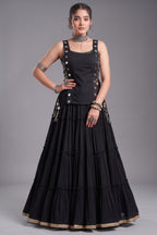 Black Georgette Tiered Mirror Work Koti Lehenga Set