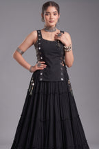 Black Georgette Tiered Mirror Work Koti Lehenga Set