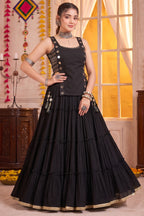 Black Georgette Tiered Mirror Work Koti Lehenga Set