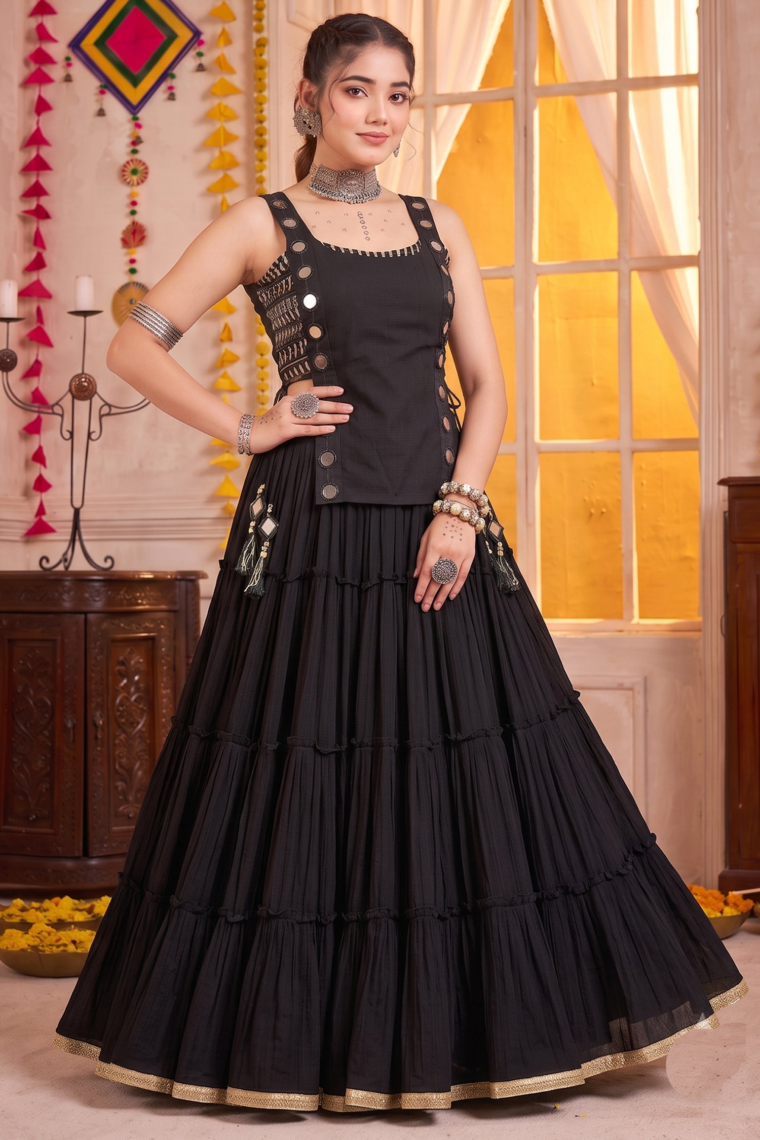 Black Georgette Tiered Mirror Work Koti Lehenga Set