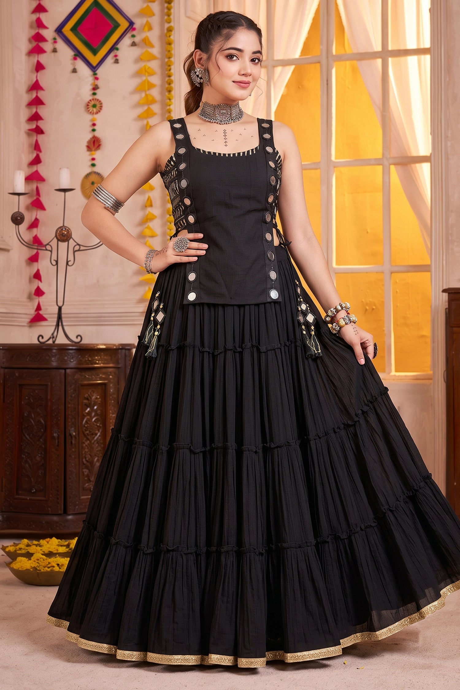 Black Georgette Tiered Mirror Work Koti Lehenga Set