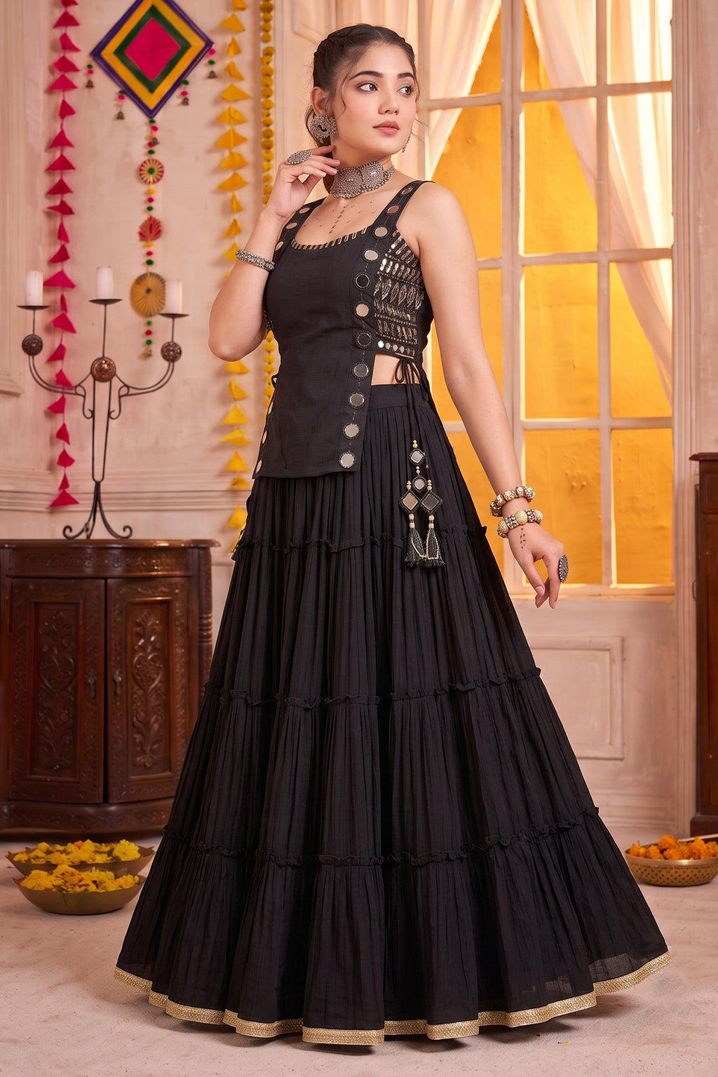 Black Georgette Tiered Mirror Work Koti Lehenga Set