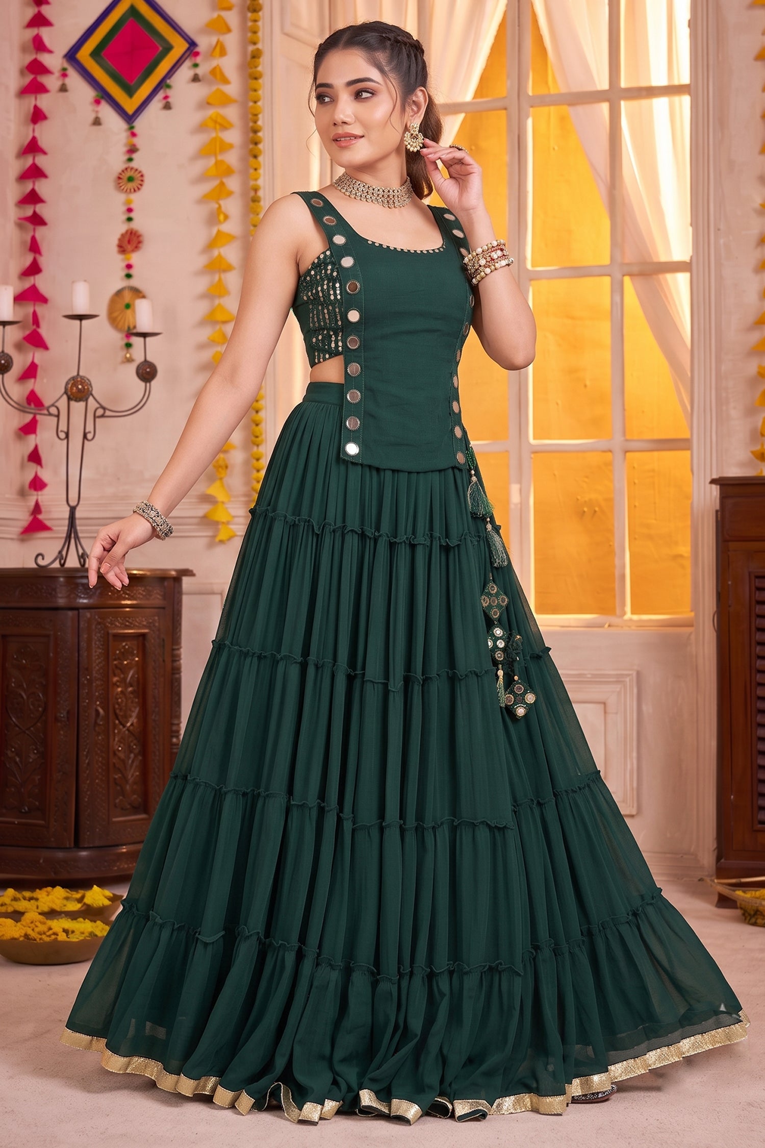 Emerald Green Georgette Tiered Mirror Work Koti Lehenga Set