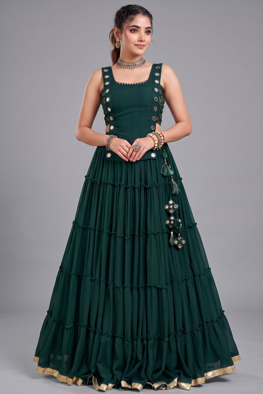 Emerald Green Georgette Tiered Mirror Work Koti Lehenga Set