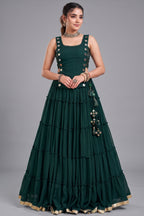 Emerald Green Georgette Tiered Mirror Work Koti Lehenga Set