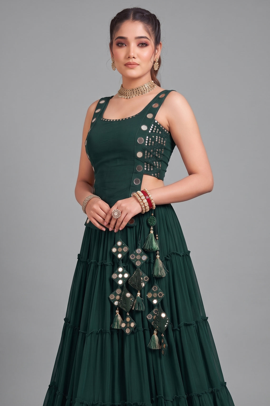 Emerald Green Georgette Tiered Mirror Work Koti Lehenga Set