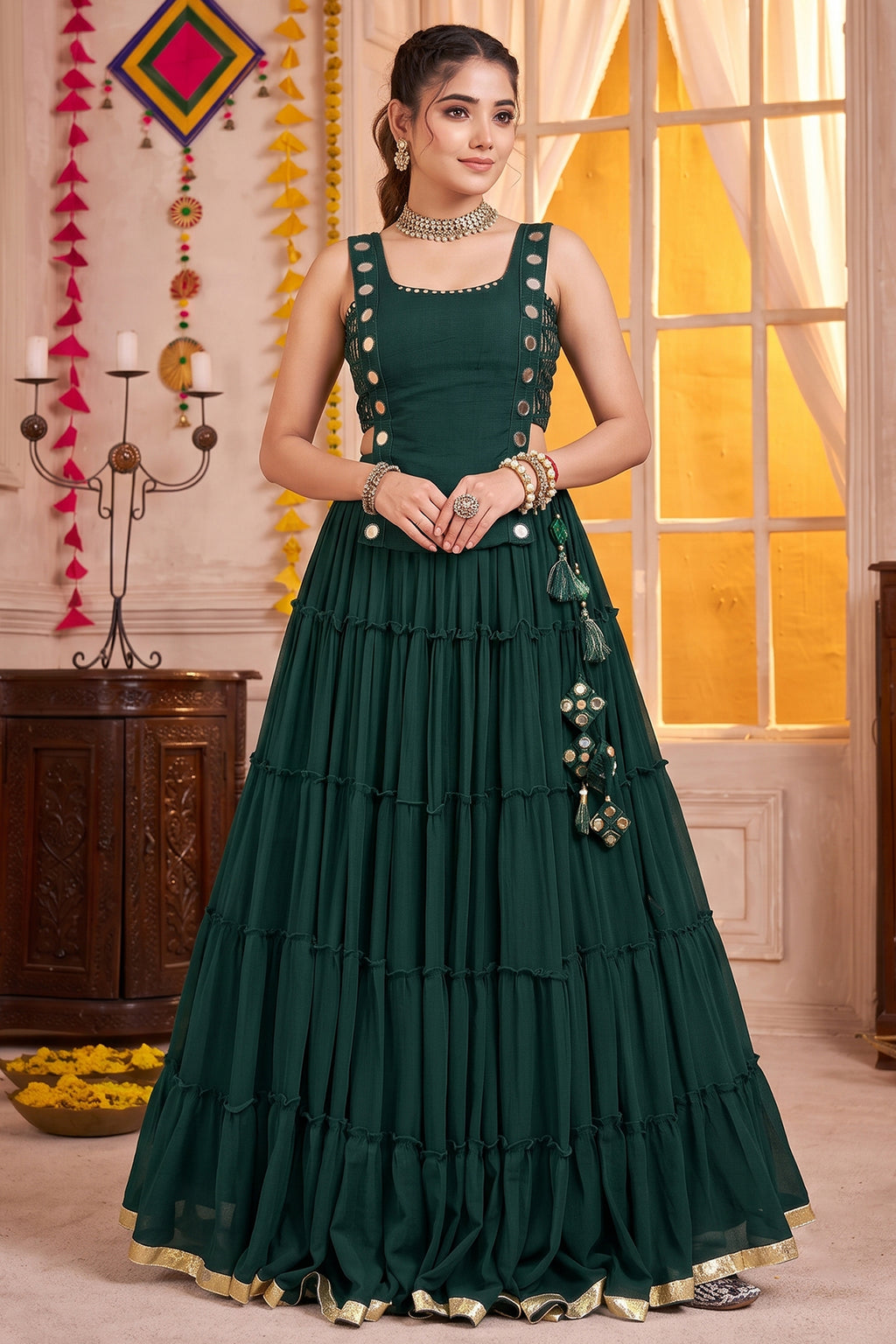 Emerald Green Georgette Tiered Mirror Work Koti Lehenga Set