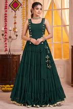 Emerald Green Georgette Tiered Mirror Work Koti Lehenga Set