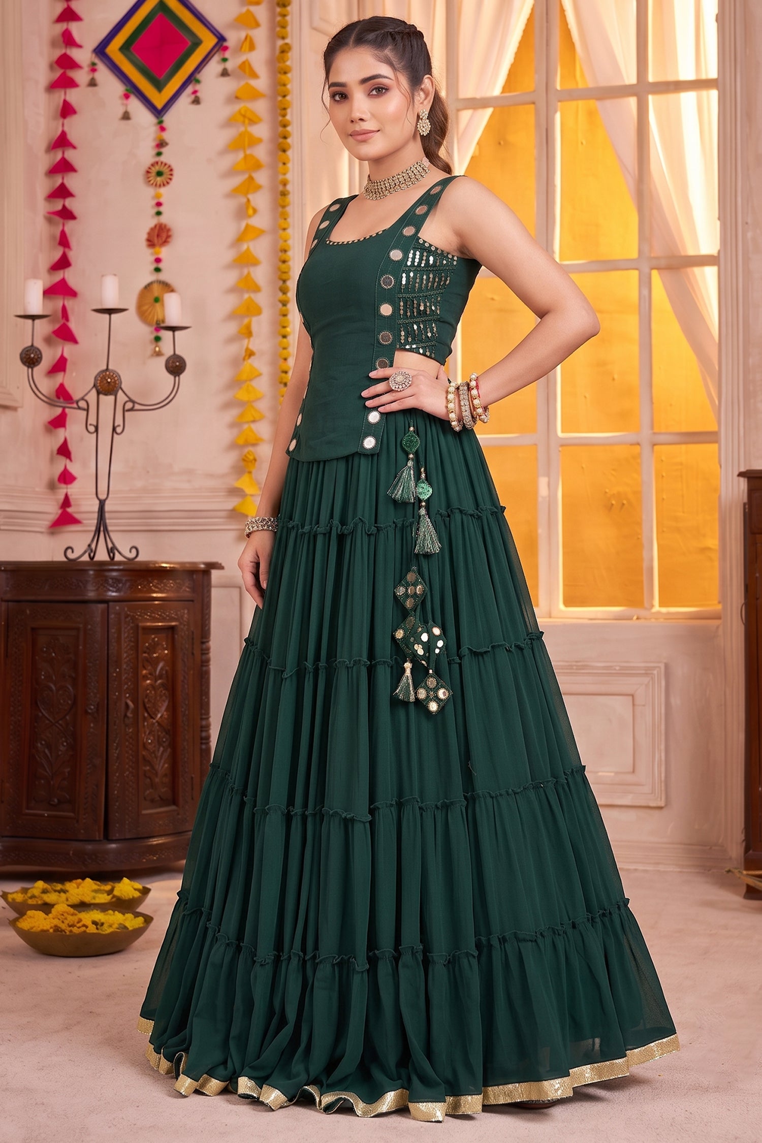 Emerald Green Georgette Tiered Mirror Work Koti Lehenga Set