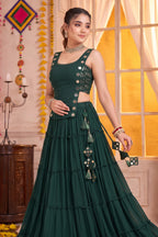 Emerald Green Georgette Tiered Mirror Work Koti Lehenga Set
