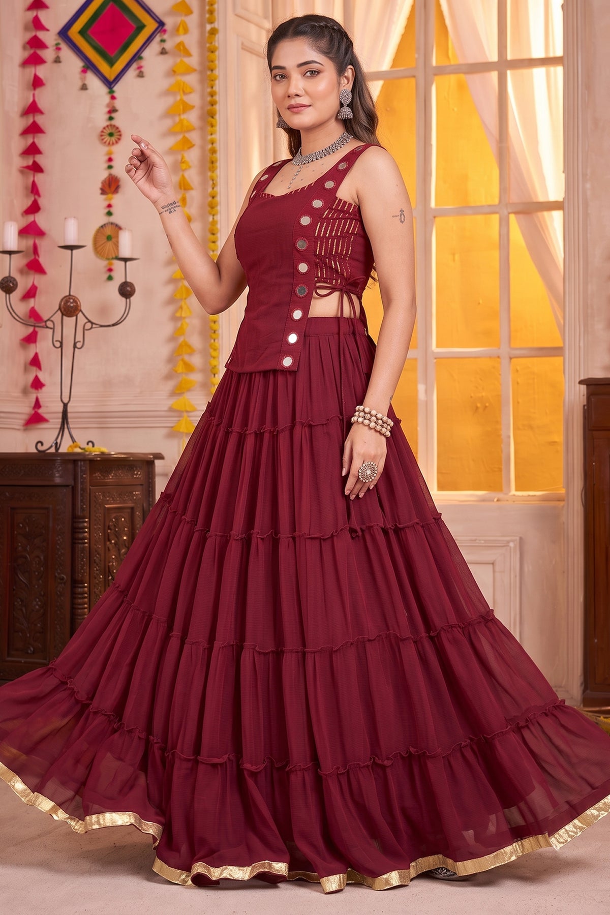 Maroon Georgette Tiered Mirror Work Koti Lehenga Set