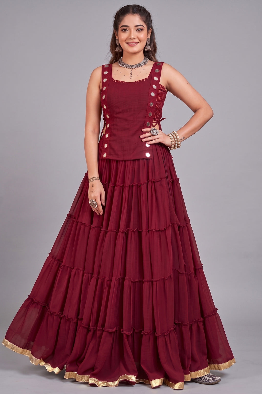 Maroon Georgette Tiered Mirror Work Koti Lehenga Set