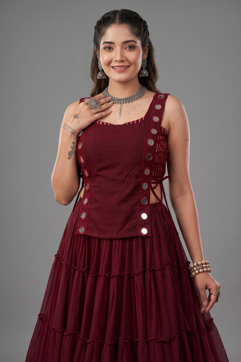 Maroon Georgette Tiered Mirror Work Koti Lehenga Set
