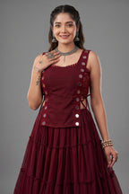 Maroon Georgette Tiered Mirror Work Koti Lehenga Set