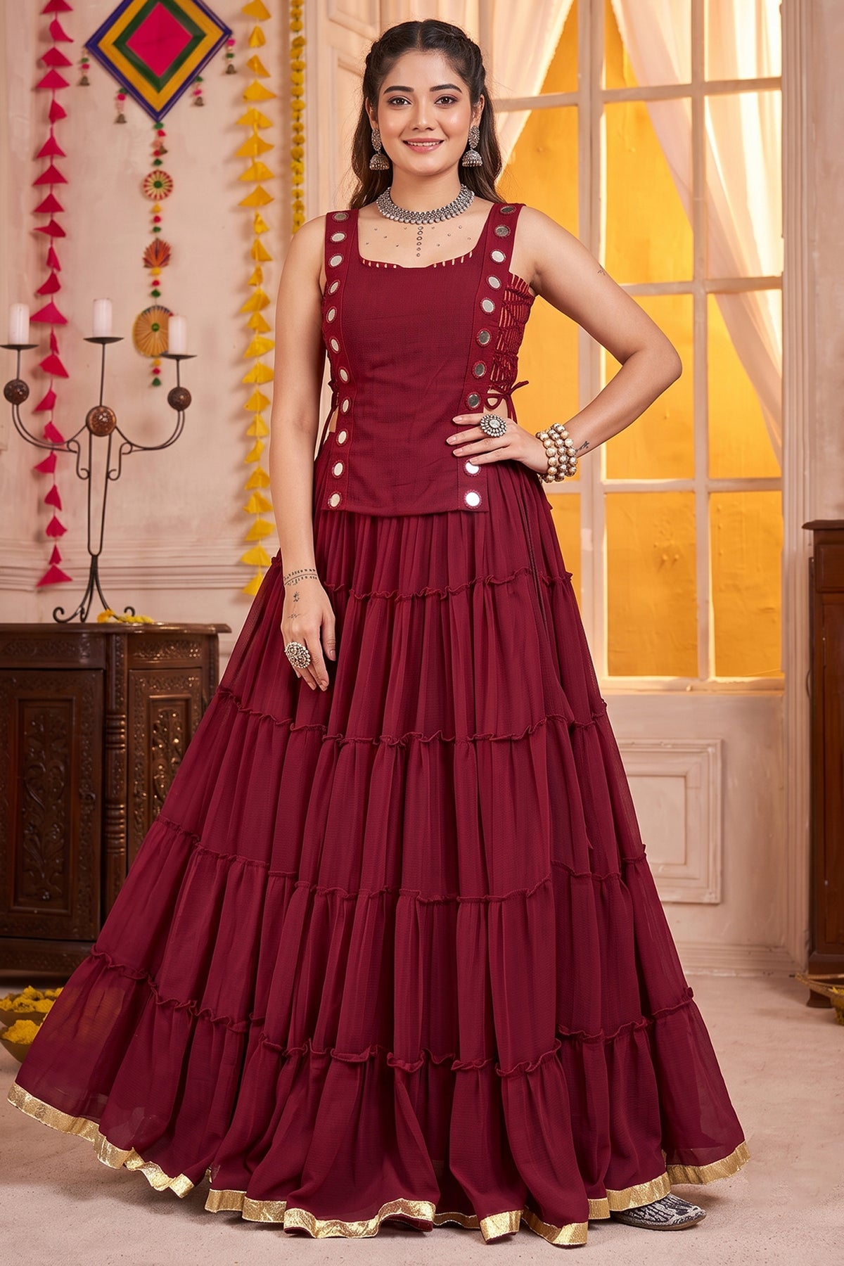 Maroon Georgette Tiered Mirror Work Koti Lehenga Set