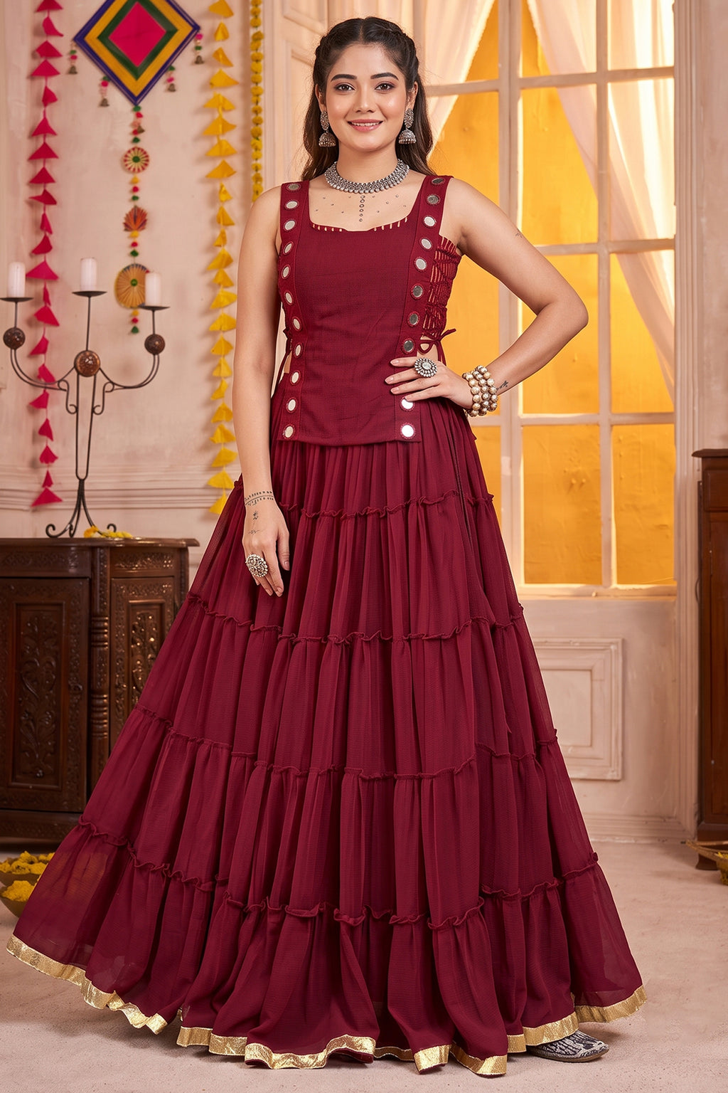 Maroon Georgette Tiered Mirror Work Koti Lehenga Set