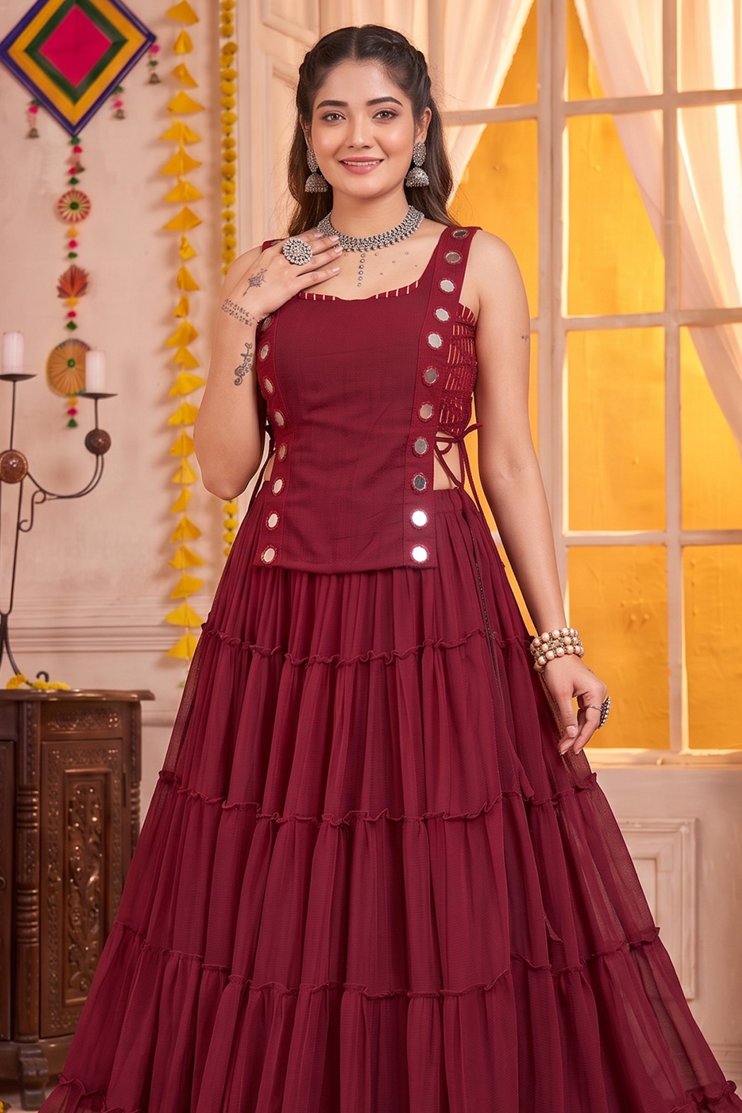 Maroon Georgette Tiered Mirror Work Koti Lehenga Set