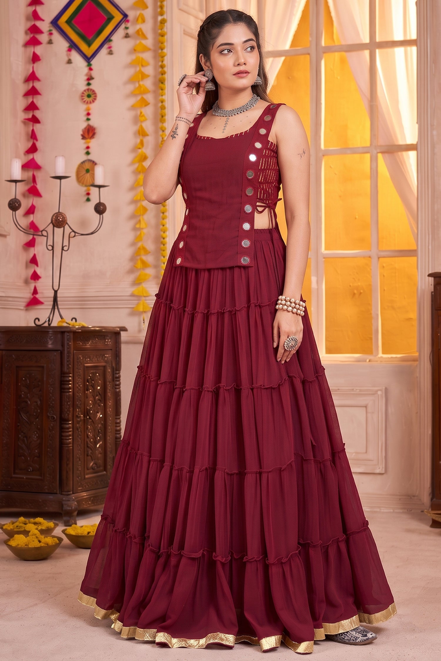 Maroon Georgette Tiered Mirror Work Koti Lehenga Set