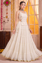 White Georgette Tiered Mirror Work Koti Lehenga Set