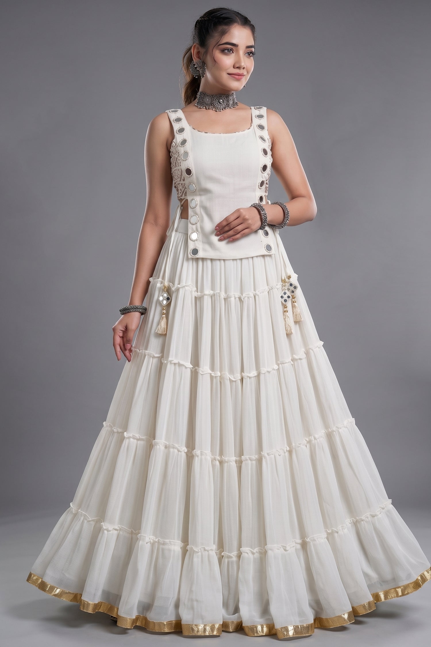 White Georgette Tiered Mirror Work Koti Lehenga Set