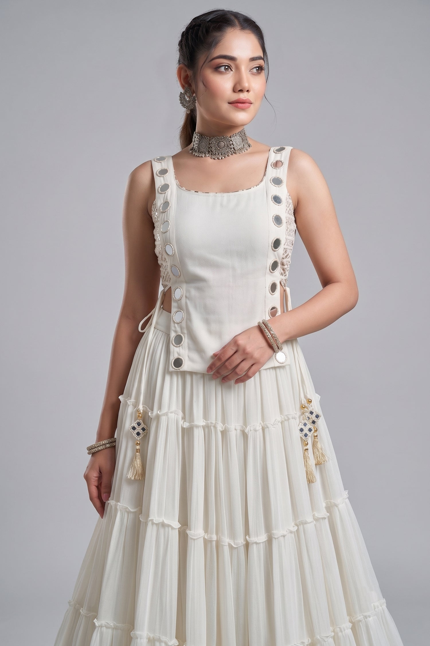 White Georgette Tiered Mirror Work Koti Lehenga Set Secondary image