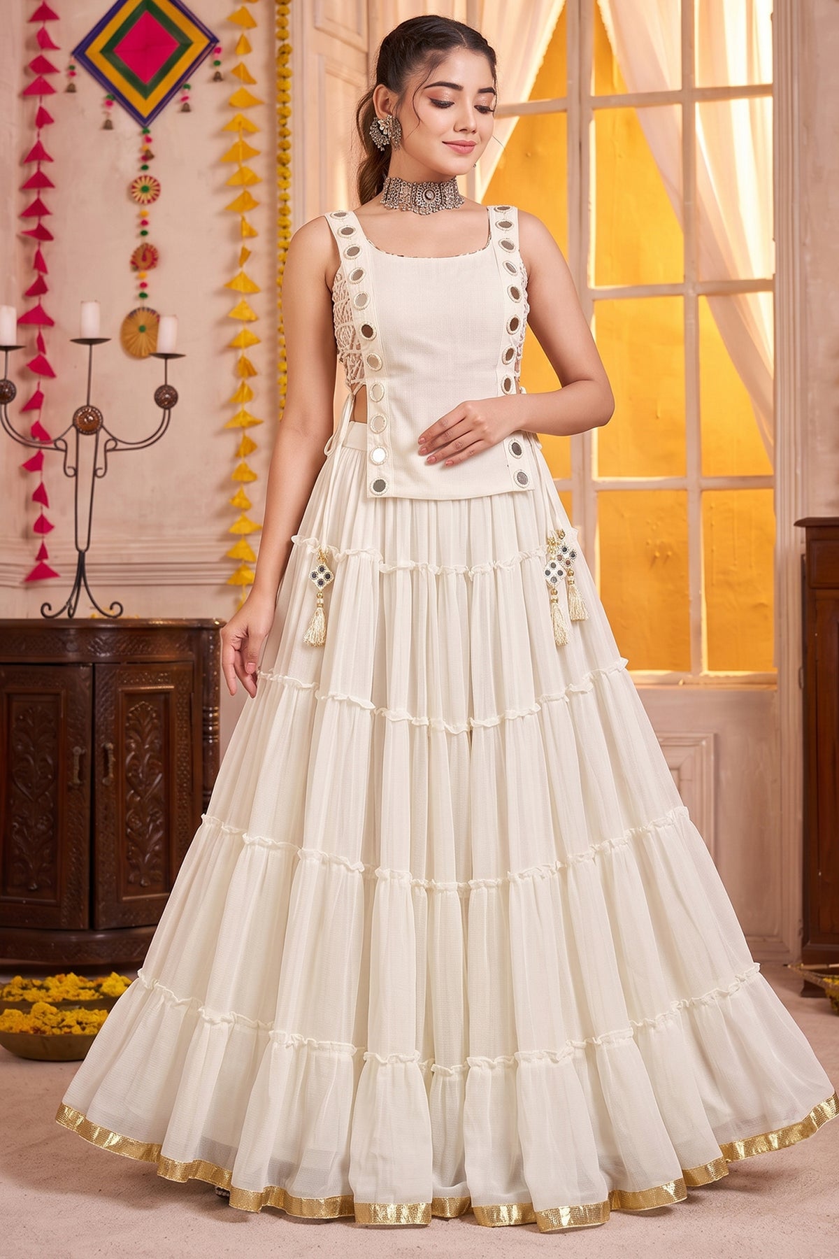 White Georgette Tiered Mirror Work Koti Lehenga Set