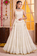 White Georgette Tiered Mirror Work Koti Lehenga Set