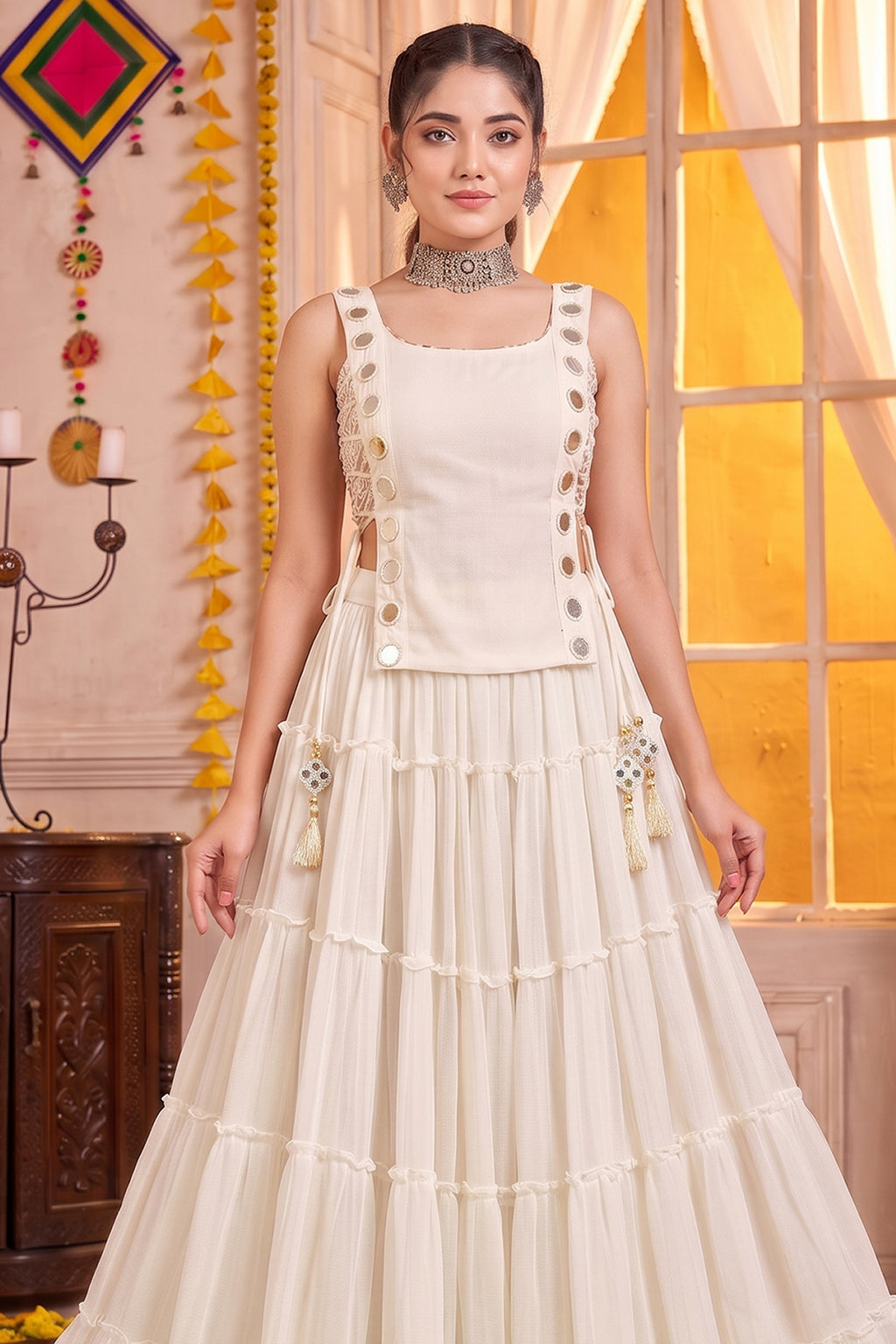 White Georgette Tiered Mirror Work Koti Lehenga Set