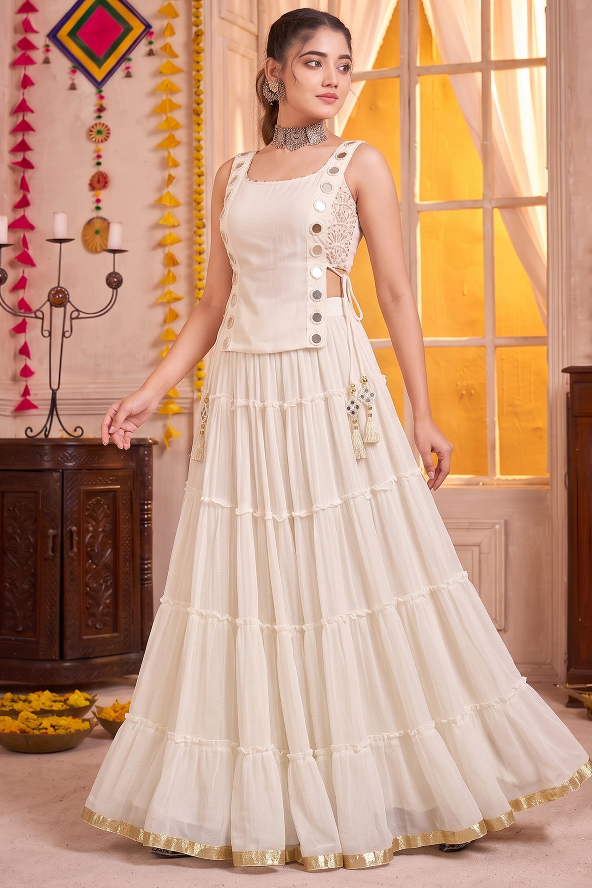 White Georgette Tiered Mirror Work Koti Lehenga Set