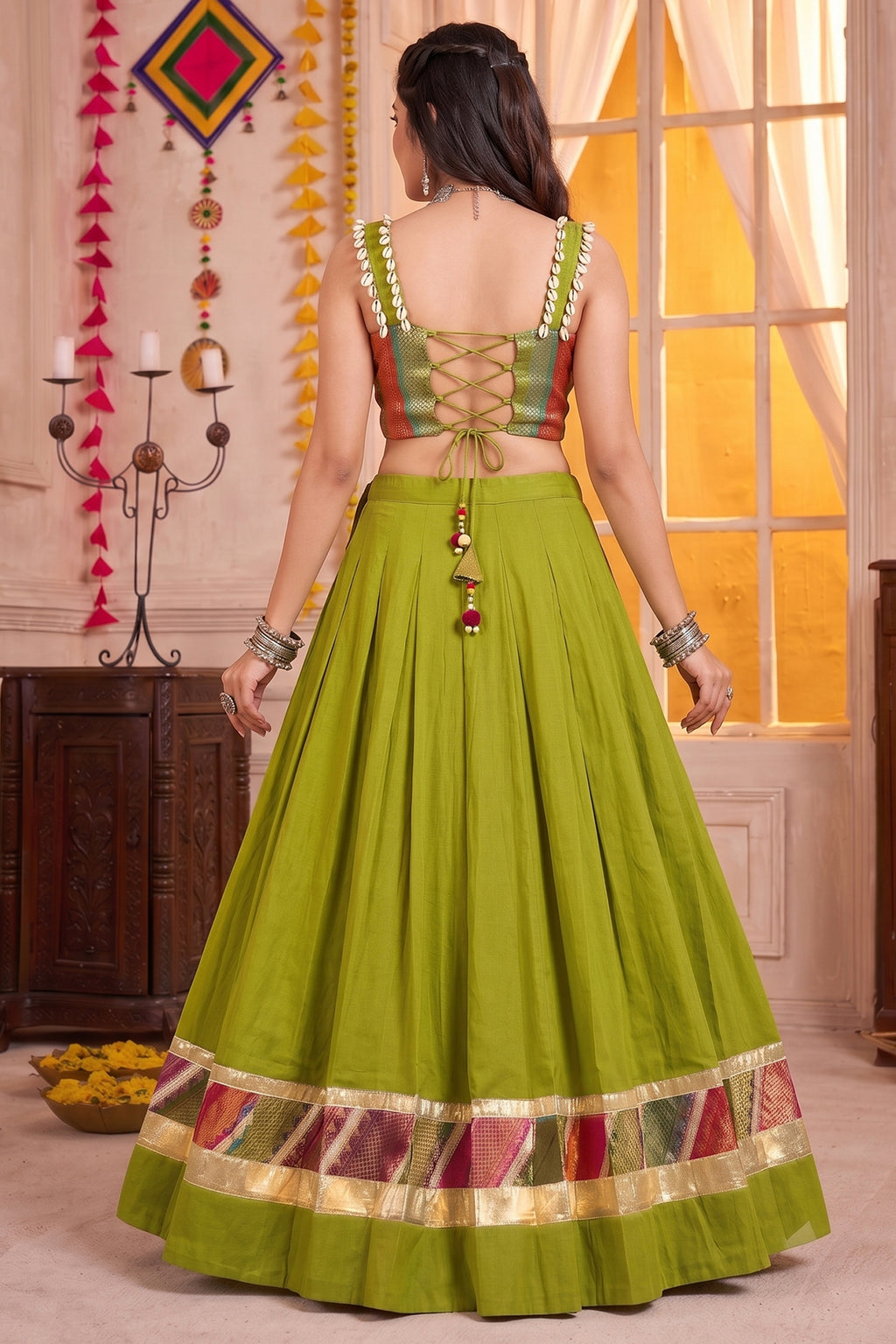 Olive Green Cotton Zari Weaving & Cowrie Shell Lehenga Choli