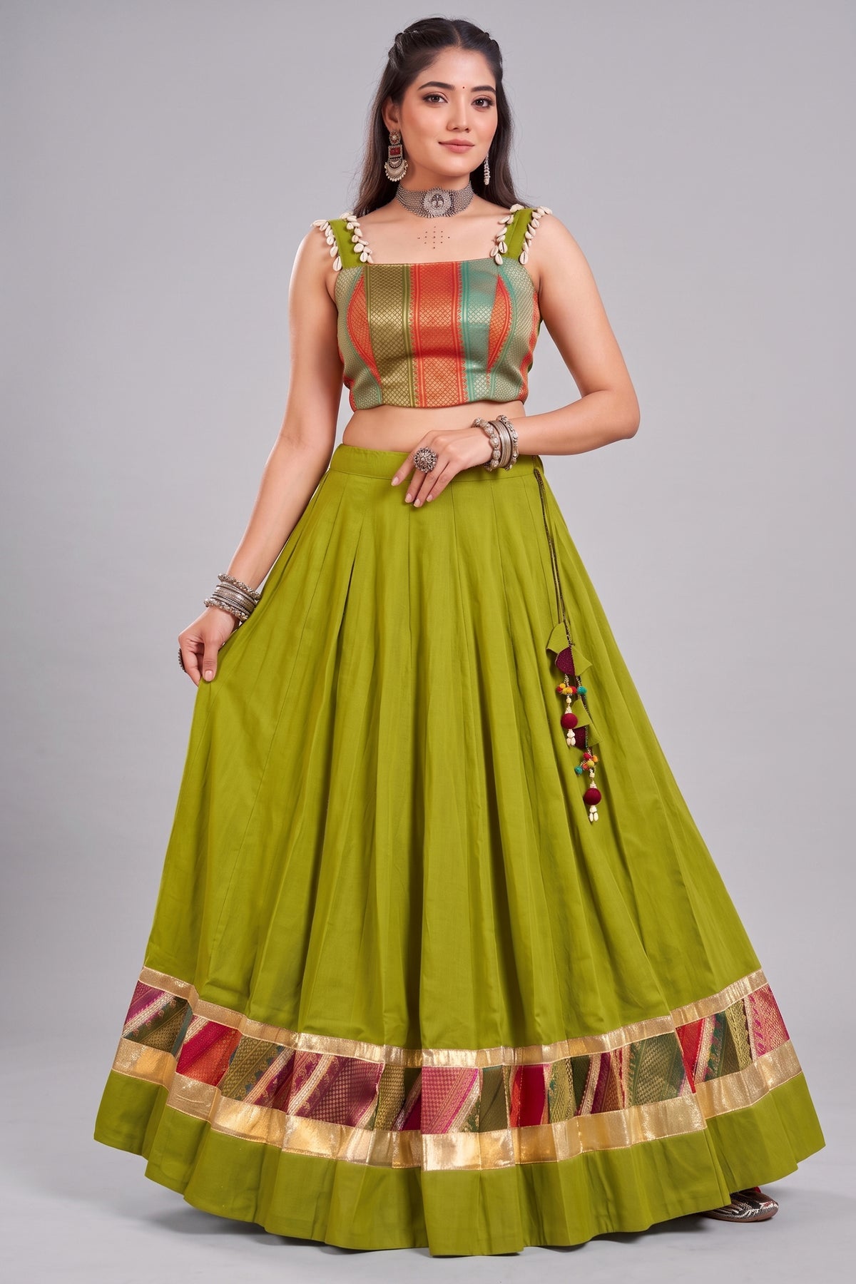 Olive Green Cotton Zari Weaving & Cowrie Shell Lehenga Choli Main image