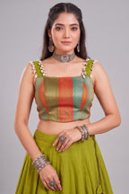 Olive Green Cotton Zari Weaving & Cowrie Shell Lehenga Choli