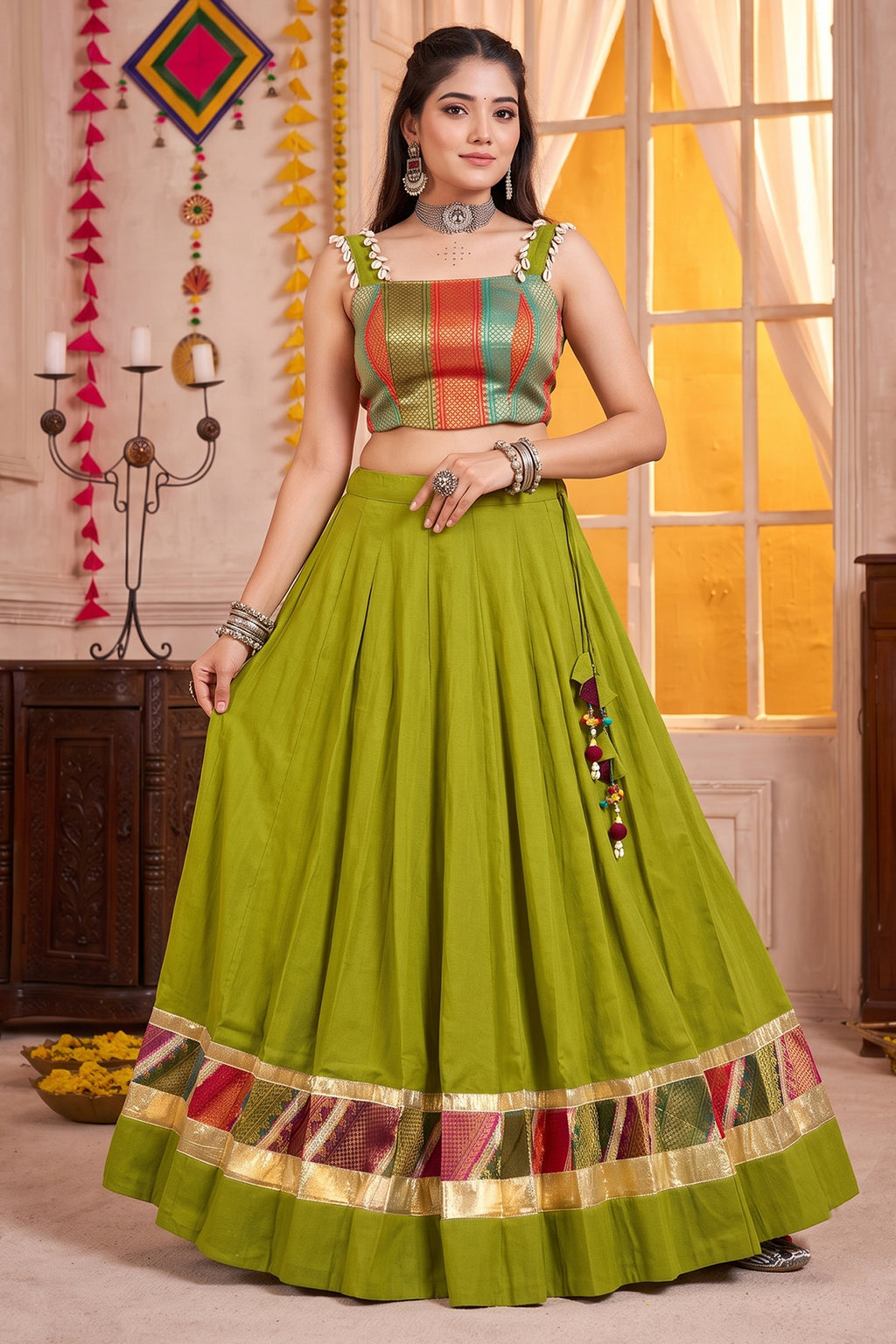 Olive Green Cotton Zari Weaving & Cowrie Shell Lehenga Choli
