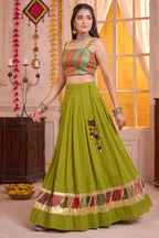 Olive Green Cotton Zari Weaving & Cowrie Shell Lehenga Choli