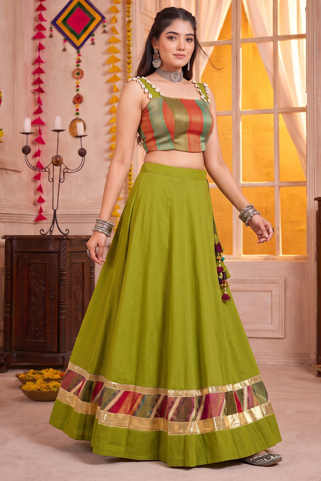 Olive Green Cotton Zari Weaving & Cowrie Shell Lehenga Choli
