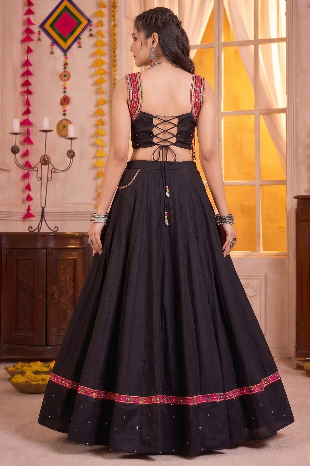 Black Pure Cotton Lehenga Set with Pink Kutchi Mirror Border
