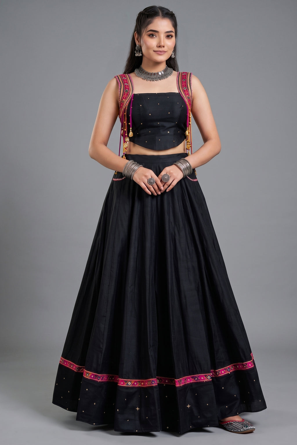 Black Pure Cotton Lehenga Set with Pink Kutchi Mirror Border
