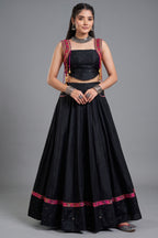 Black Pure Cotton Lehenga Set with Pink Kutchi Mirror Border